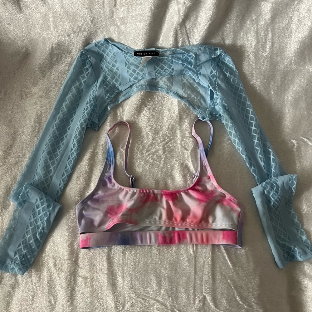 Iheartraves cotton candy crop top & baby blue cropped sheer sleeves​